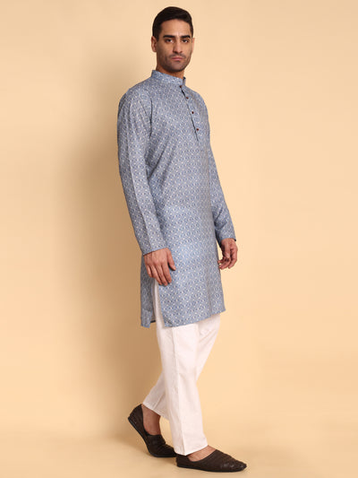 Traditional Blue Arabesque Batik Printed Men's Cotton Kurta