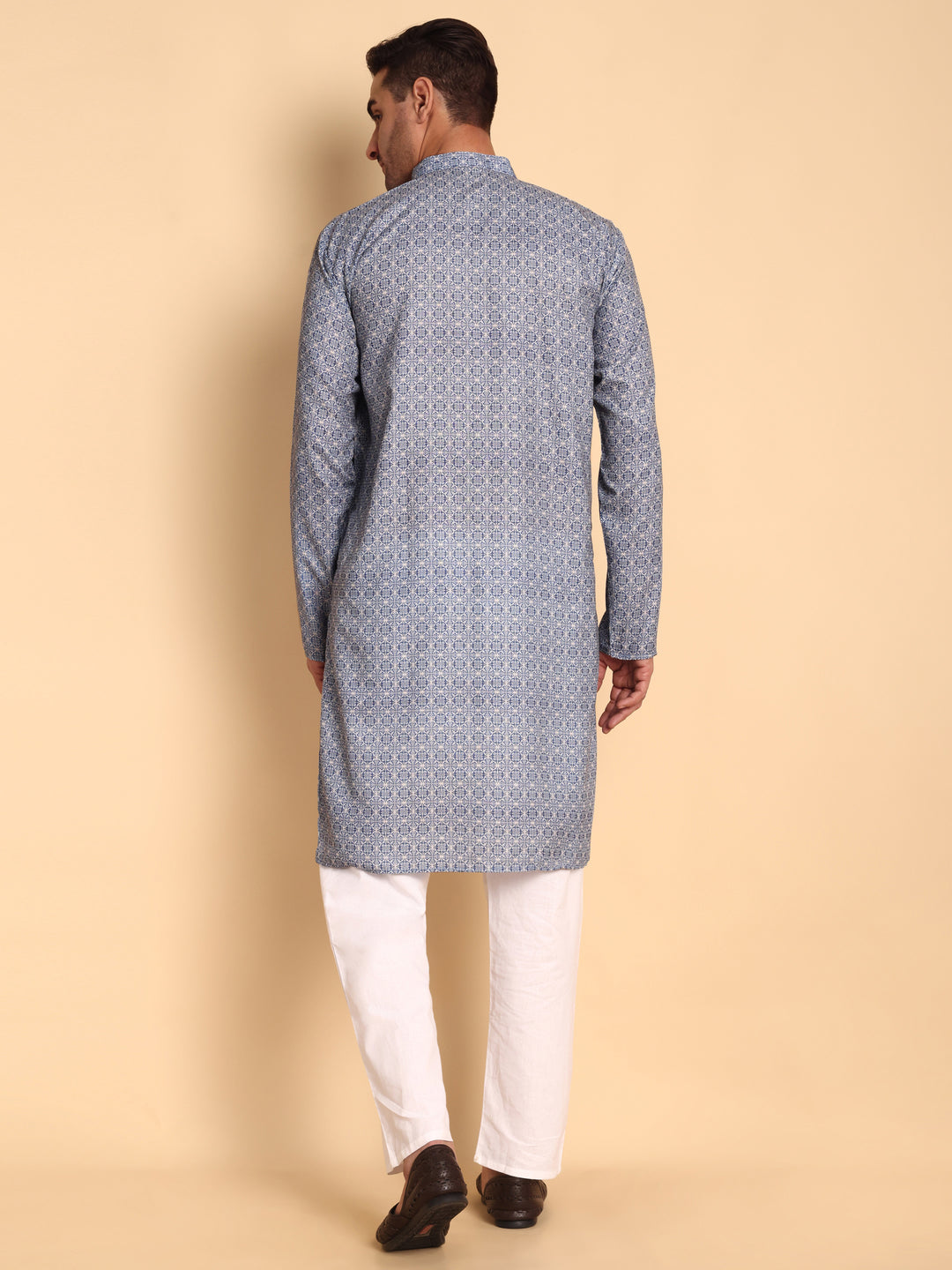 Traditional Blue Arabesque Batik Printed Men's Cotton Kurta