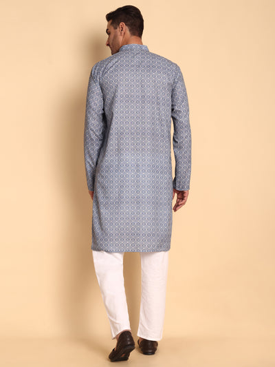 Traditional Blue Arabesque Batik Printed Men's Cotton Kurta