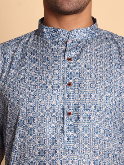 Traditional Blue Arabesque Batik Printed Men's Cotton Kurta