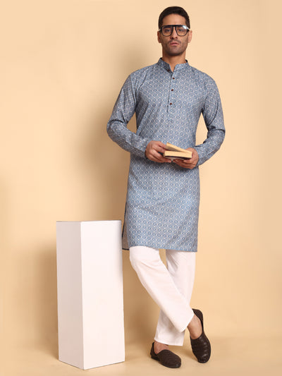 Traditional Blue Arabesque Batik Printed Men's Cotton Kurta