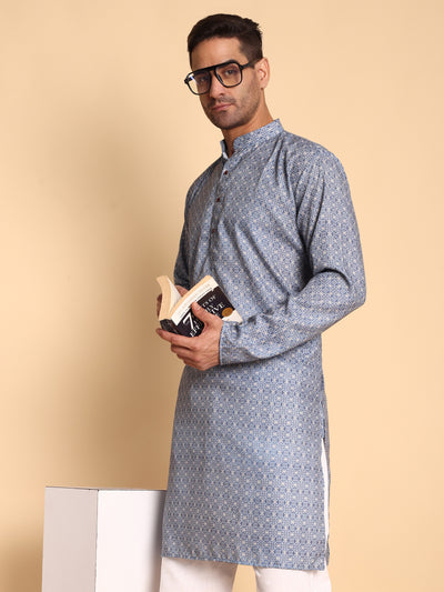 Traditional Blue Arabesque Batik Printed Men's Cotton Kurta