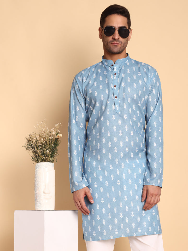 Traditional Blue Botalical Damask Printed Men's Cotton Kurta