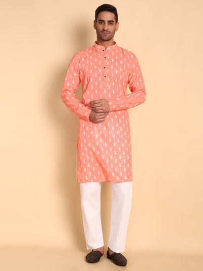Traditional Peach Botalical Damask Printed Men's Cotton Kurta