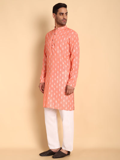 Traditional Peach Botalical Damask Printed Men's Cotton Kurta