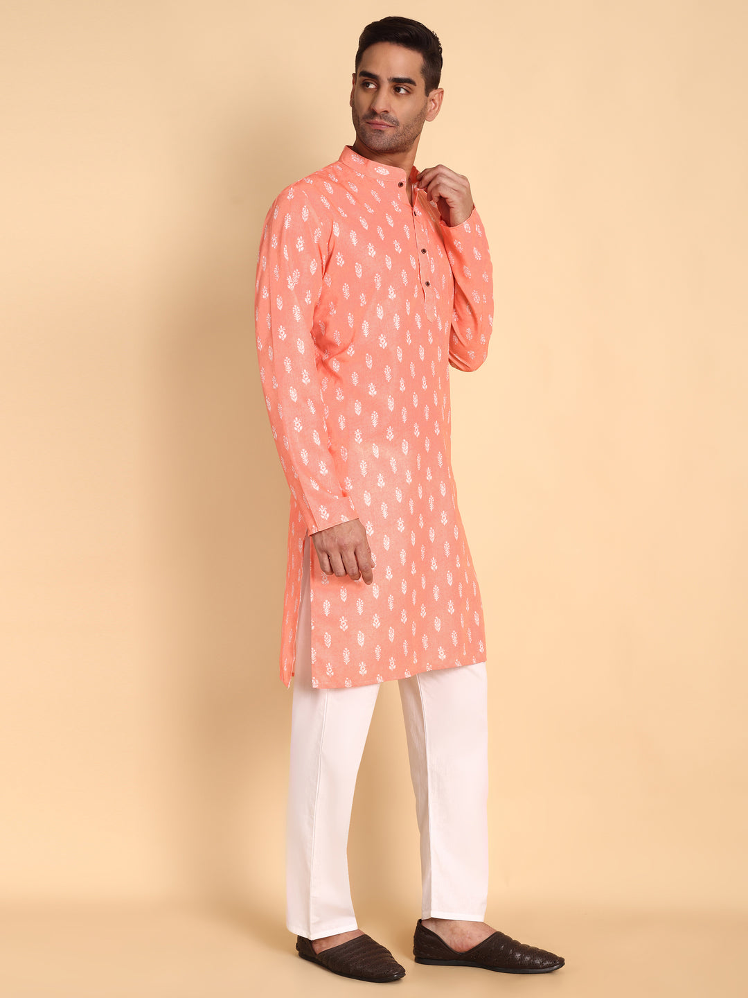 Traditional Peach Botalical Damask Printed Men's Cotton Kurta