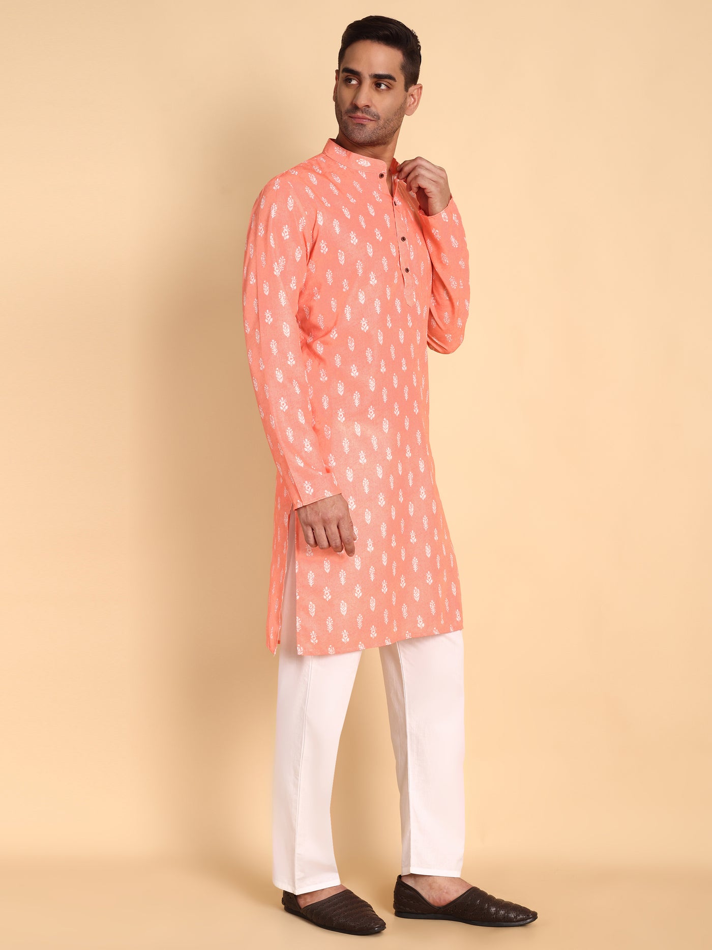 Traditional Peach Botalical Damask Printed Men's Cotton Kurta