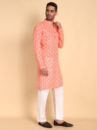 Traditional Peach Botalical Damask Printed Men's Cotton Kurta