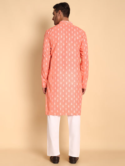 Traditional Peach Botalical Damask Printed Men's Cotton Kurta