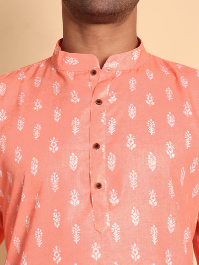 Traditional Peach Botalical Damask Printed Men's Cotton Kurta