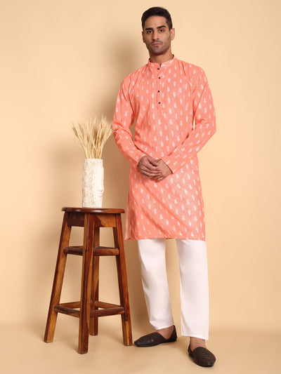 Traditional Peach Botalical Damask Printed Men's Cotton Kurta