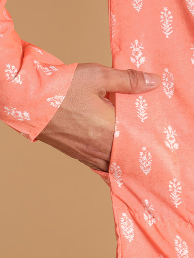 Traditional Peach Botalical Damask Printed Men's Cotton Kurta