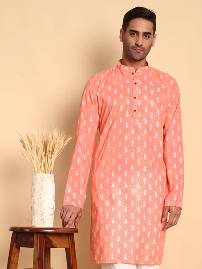 Traditional Peach Botalical Damask Printed Men's Cotton Kurta