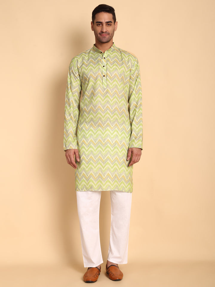 Traditional Green Flamestitch Cheveron Printed Men's Cotton Kurta