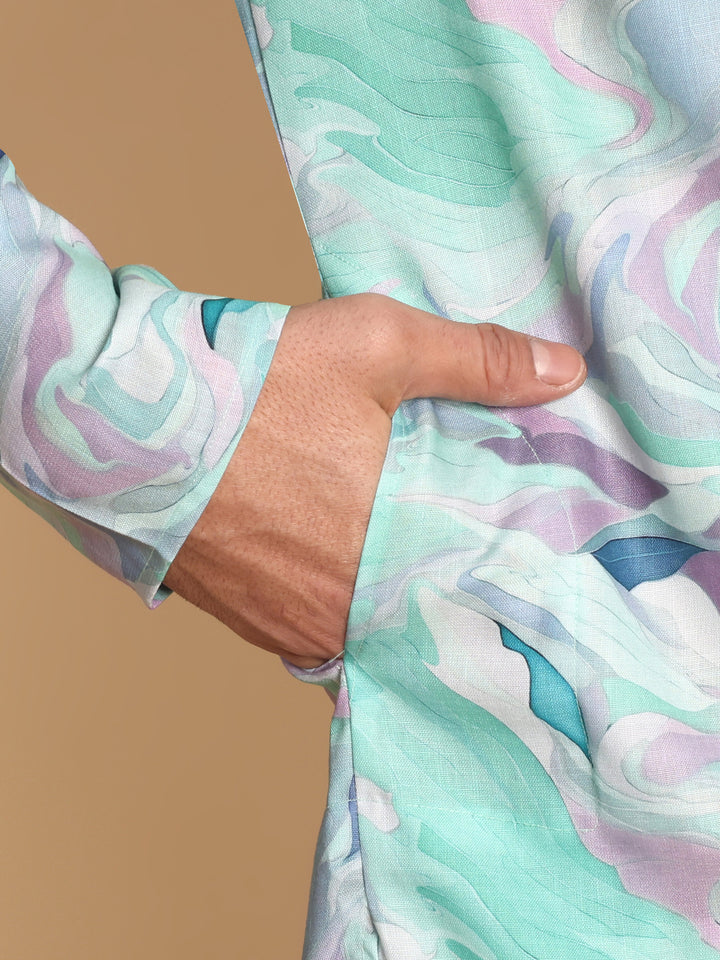 Traditional Blue Impressionist Printed Men's Cotton Kurta