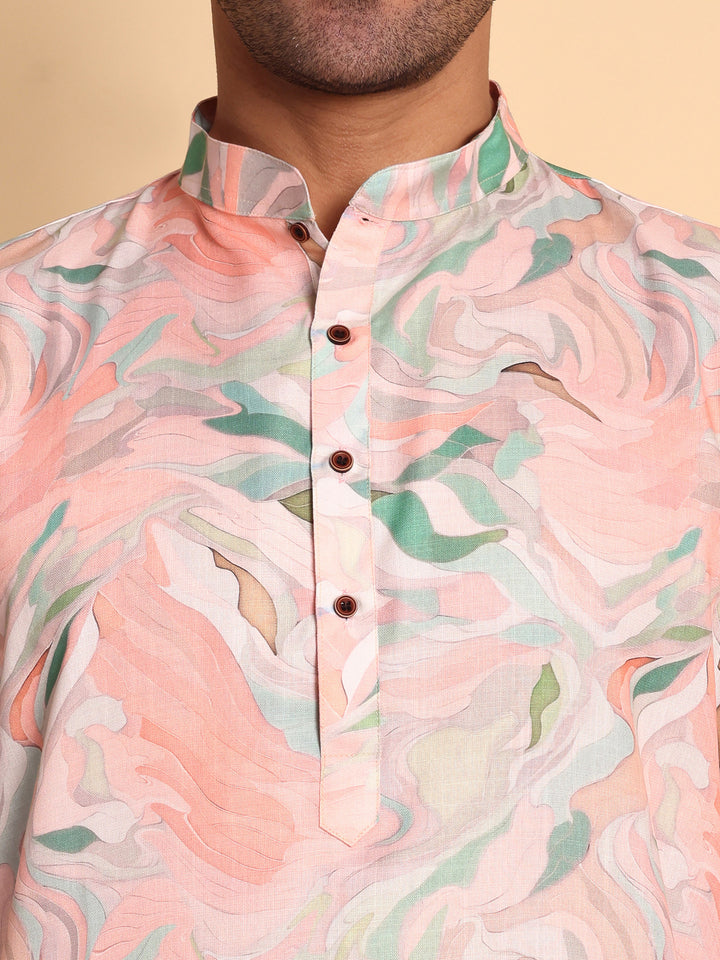 Traditional Pink Impressionist Printed Men's Cotton Kurta