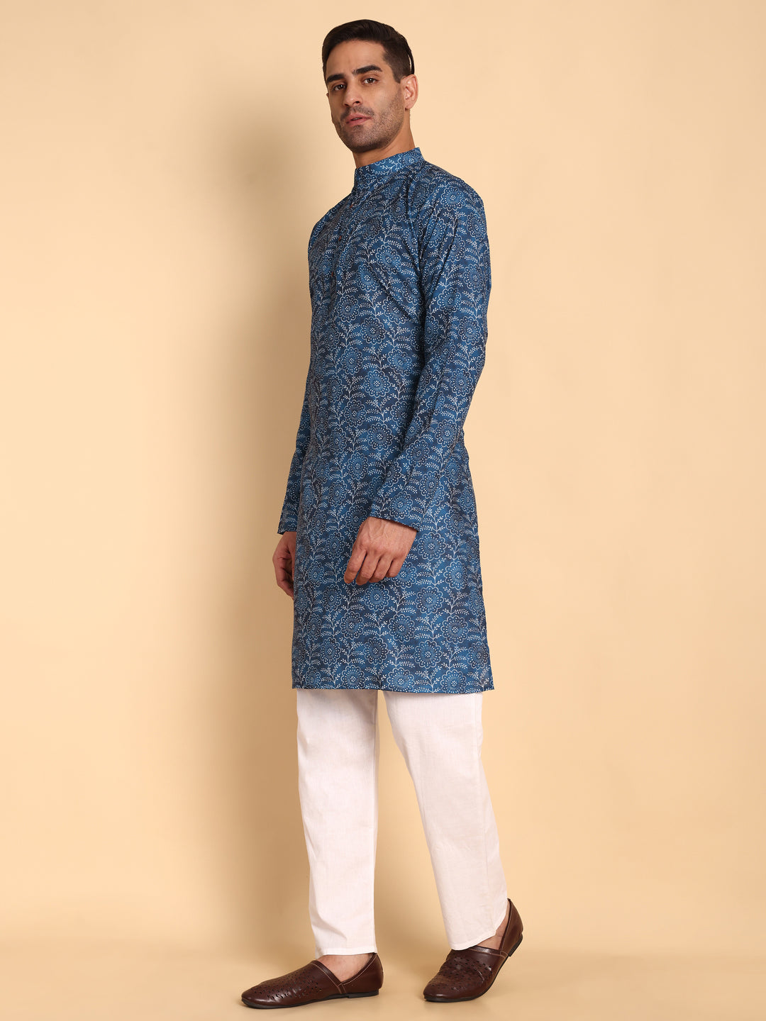 Traditional Blue Lily Pad Printed Men's Cotton Kurta