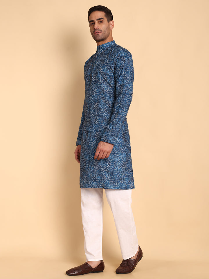 Traditional Blue Lily Pad Printed Men's Cotton Kurta
