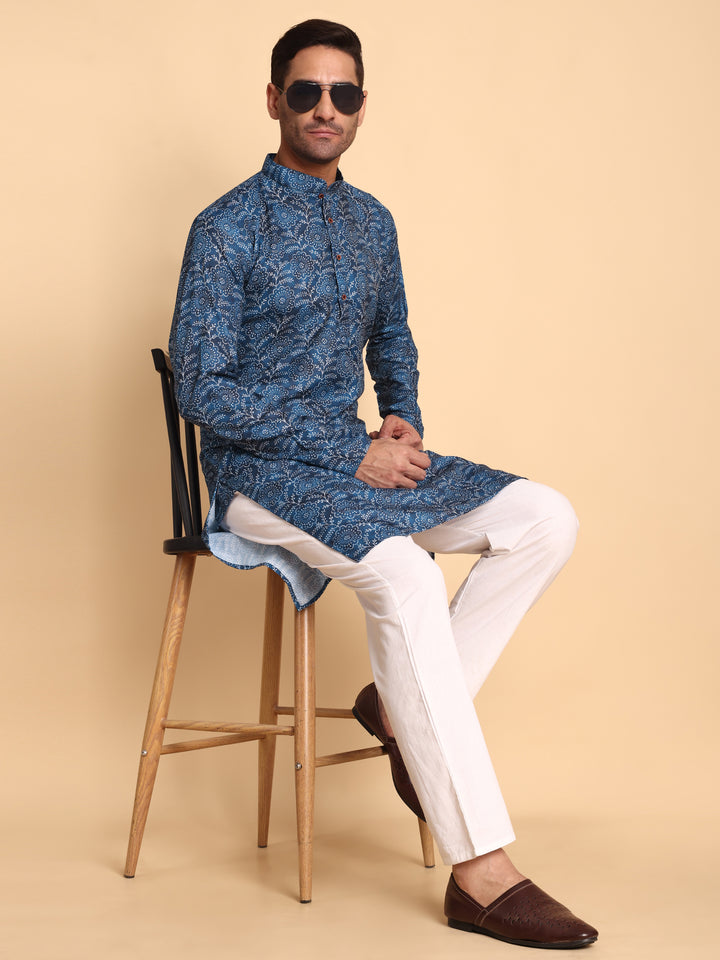 Traditional Blue Lily Pad Printed Men's Cotton Kurta