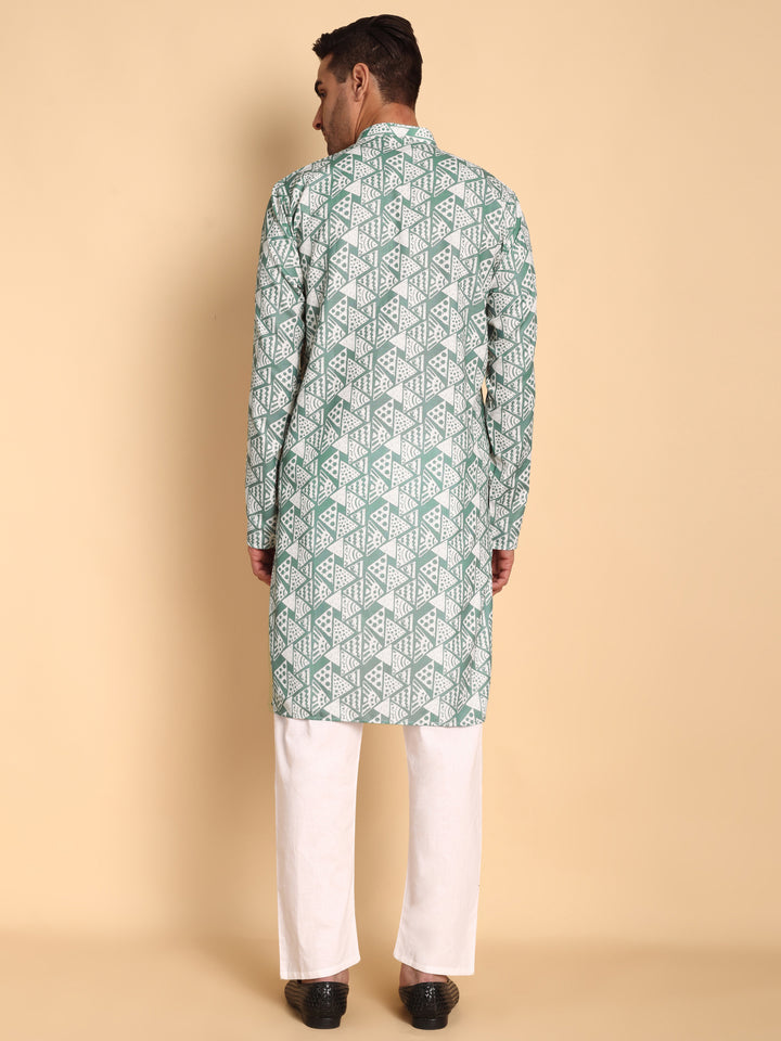 Traditional Green Tribal Abstract Boho Printed Men's Cotton Kurta