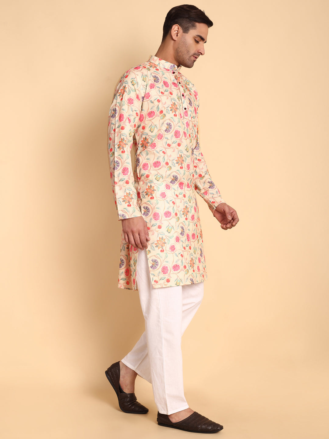 Traditional Chikoo Art Nouveau Batik Printed Men's Cotton Kurta