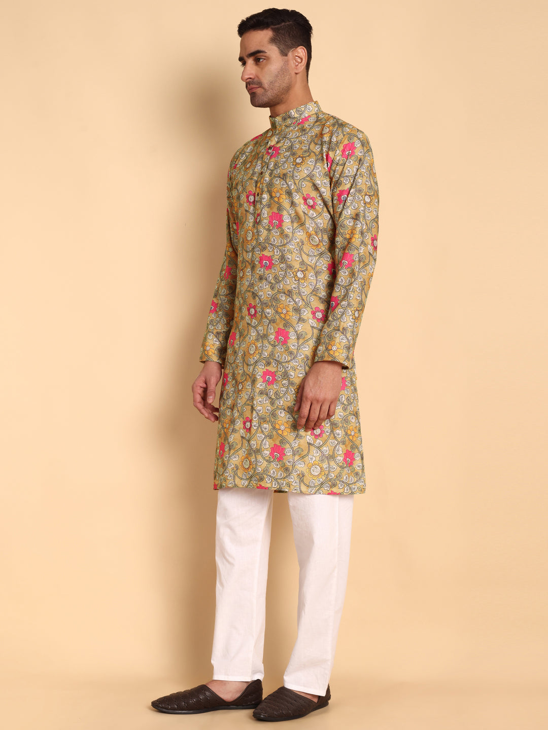 Traditional Yellow Jacobean Printed Men's Cotton Kurta