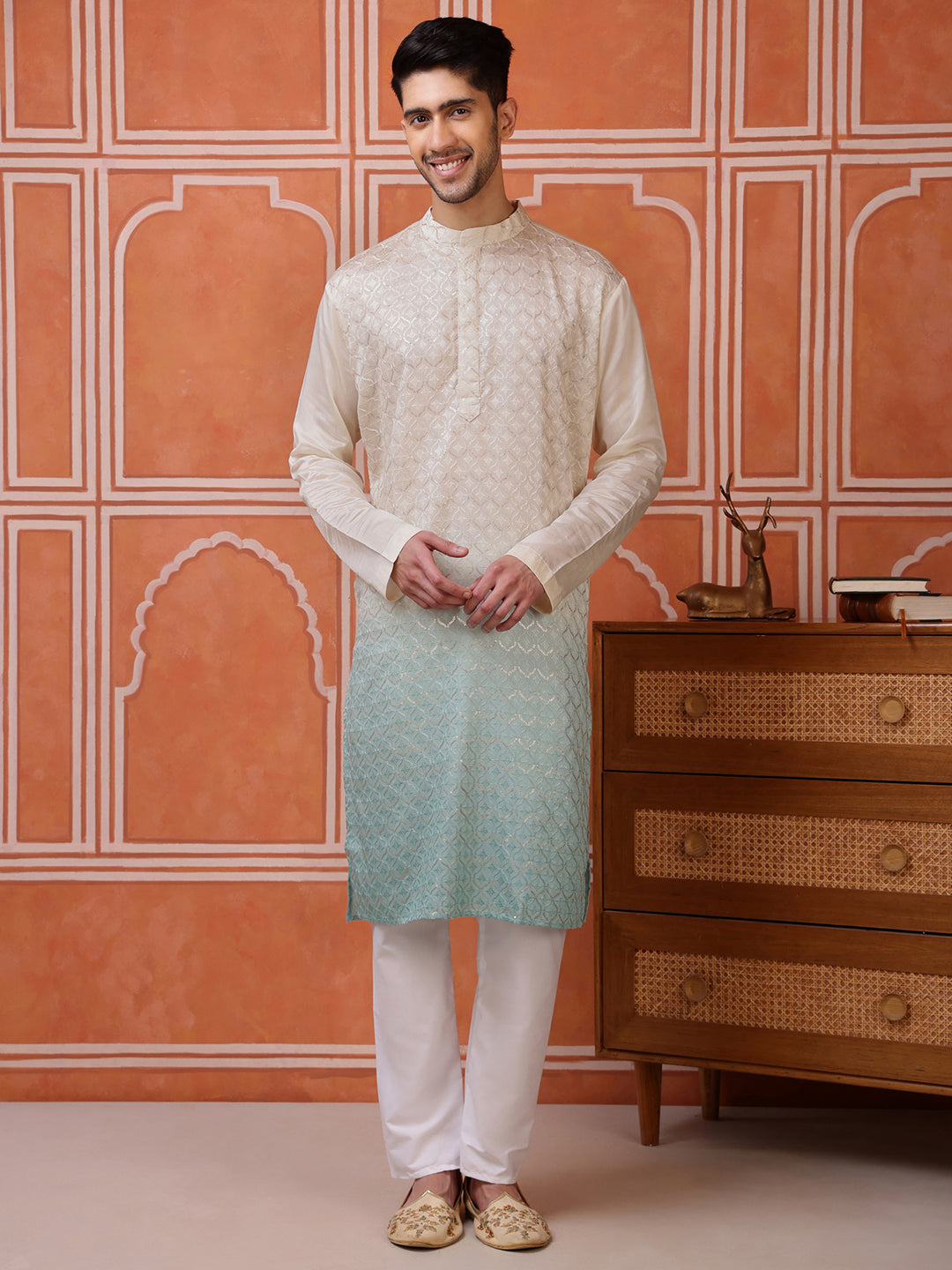 Green Viscose Kurta with Geometric Sequins