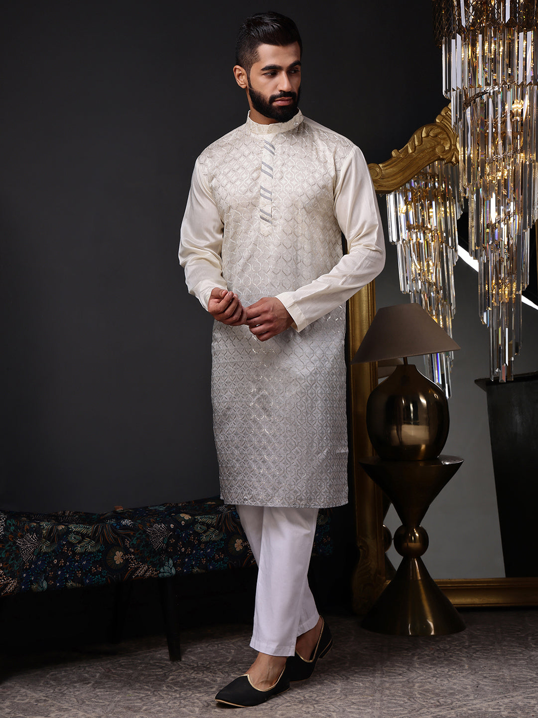 Grey Viscose Kurta with Geometric Sequins