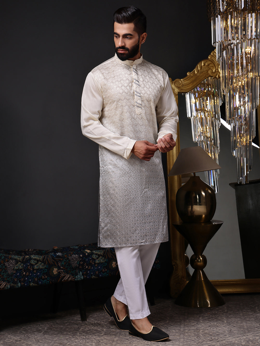 Grey Viscose Kurta with Geometric Sequins