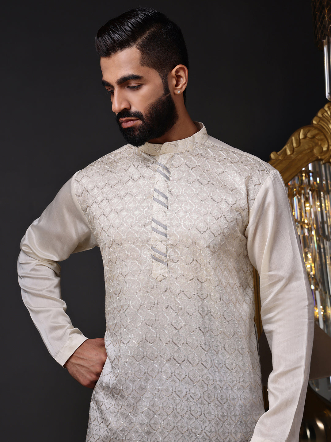 Grey Viscose Kurta with Geometric Sequins