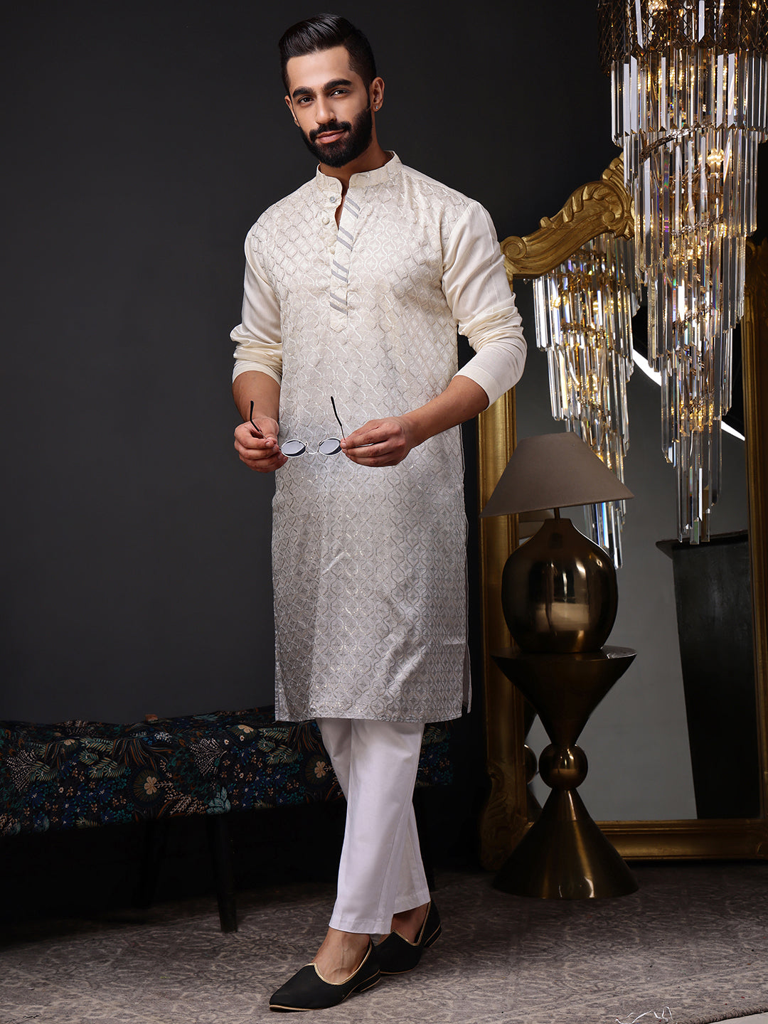 Grey Viscose Kurta with Geometric Sequins