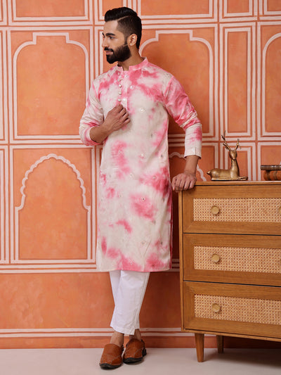 Pink Embroidered Tie-Dye Kurta with Mirror Buti