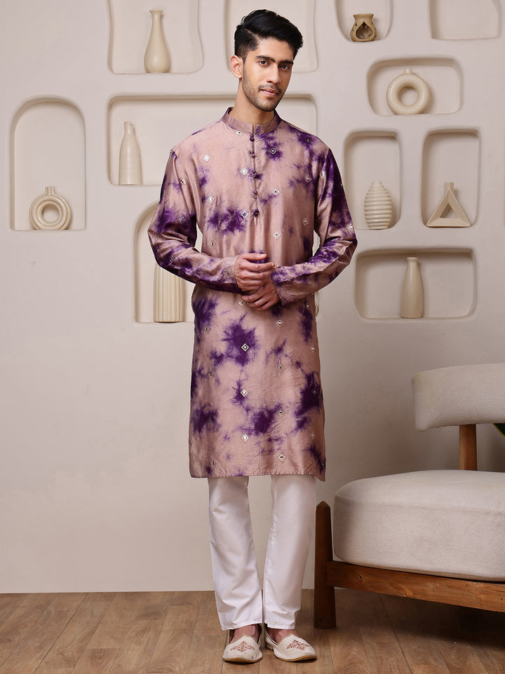 Wine Embroidered Tie-Dye Kurta with Mirror Buti