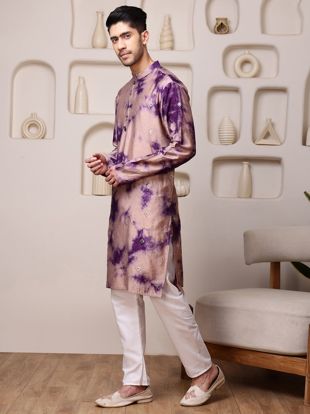 Wine Embroidered Tie-Dye Kurta with Mirror Buti