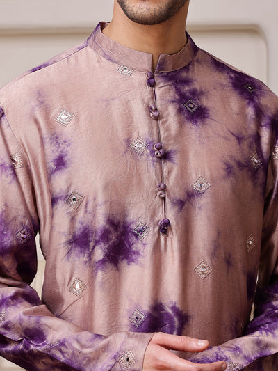 Wine Embroidered Tie-Dye Kurta with Mirror Buti