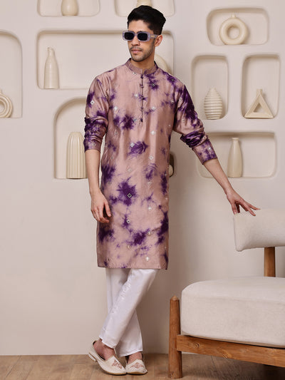 Wine Embroidered Tie-Dye Kurta with Mirror Buti