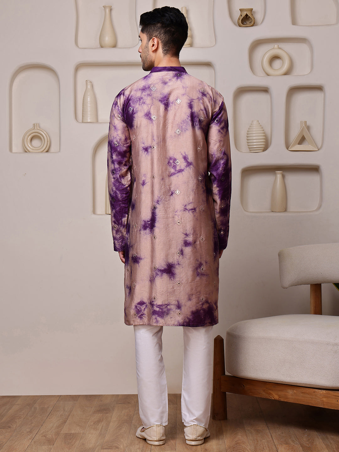 Wine Embroidered Tie-Dye Kurta with Mirror Buti