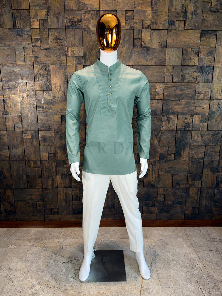 Sage Green Cotton Short Kurta with Pintuck Yoke Work