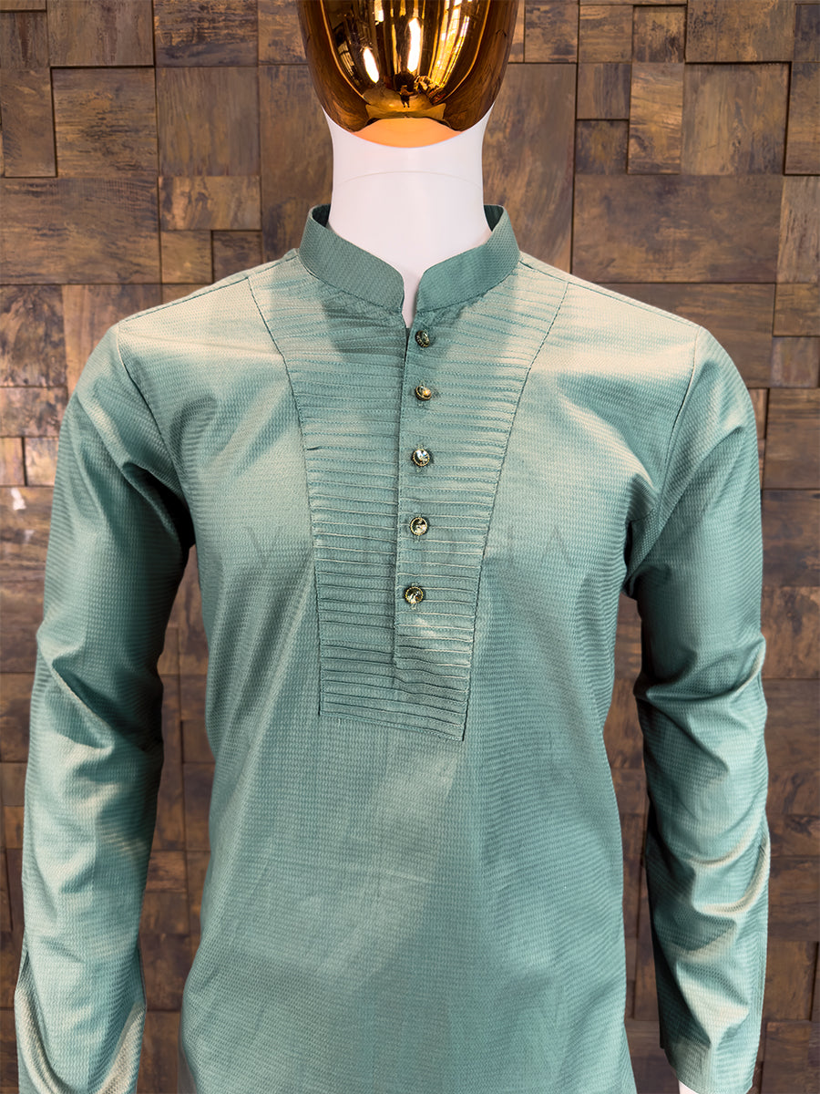 Sage Green Cotton Short Kurta with Pintuck Yoke Work