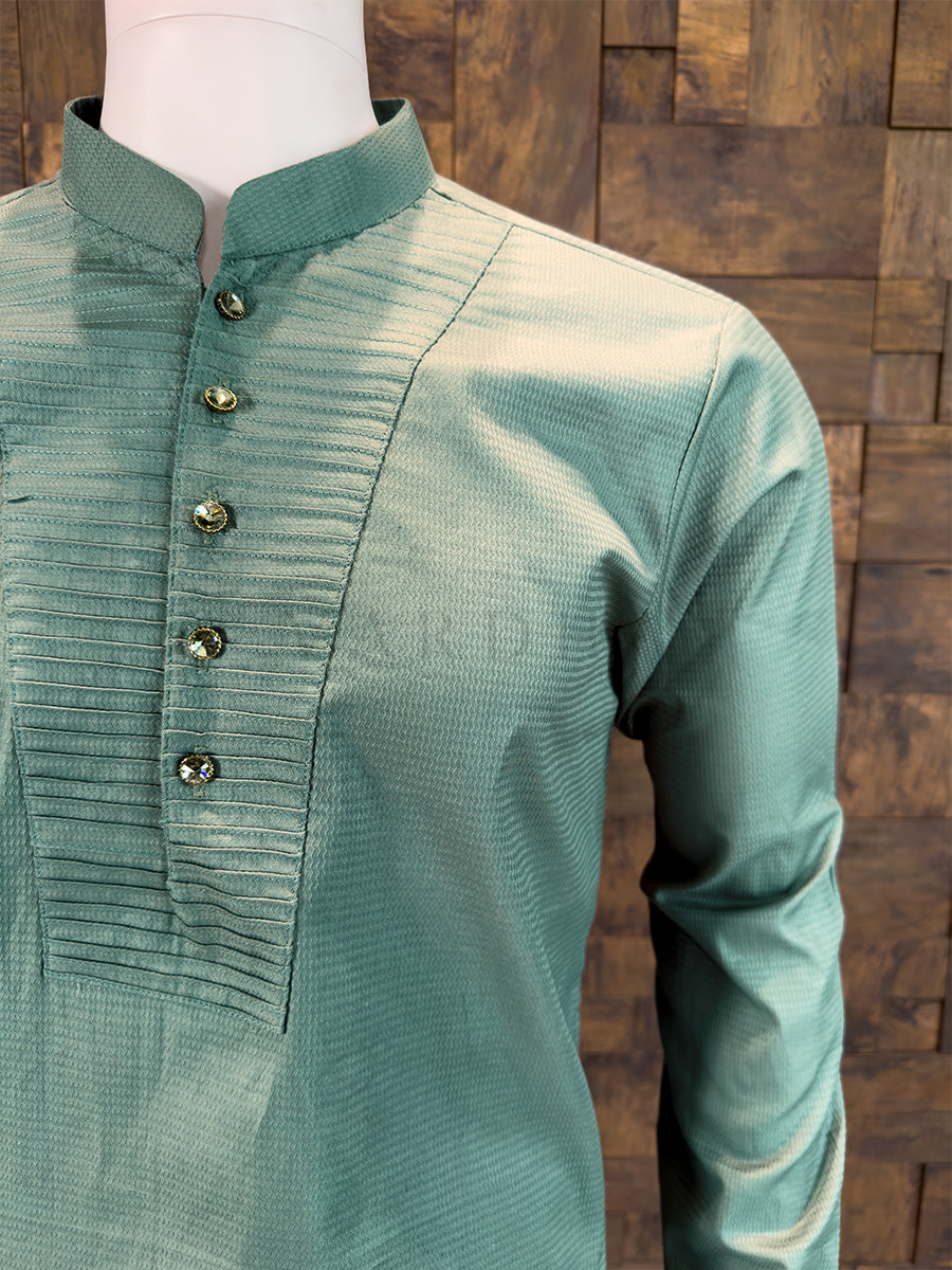 Sage Green Cotton Short Kurta with Pintuck Yoke Work