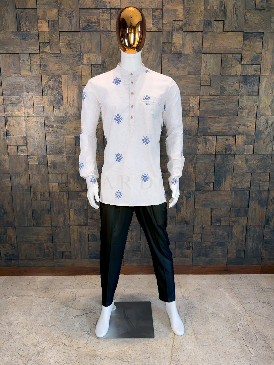 Off-White Cotton Short Kurta with Blue Geometric Embroidery House of Vardha