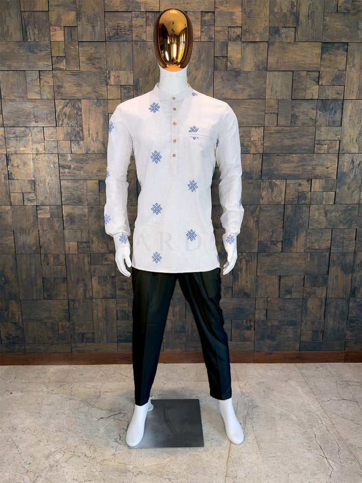 Off-White Cotton Short Kurta with Blue Geometric Embroidery
