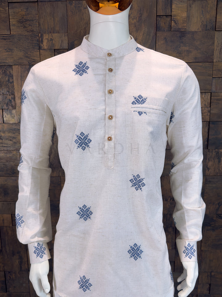 Off-White Cotton Short Kurta with Blue Geometric Embroidery