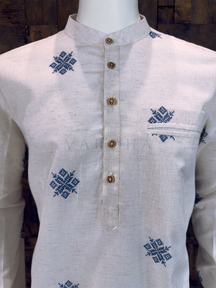 Off-White Cotton Short Kurta with Blue Geometric Embroidery