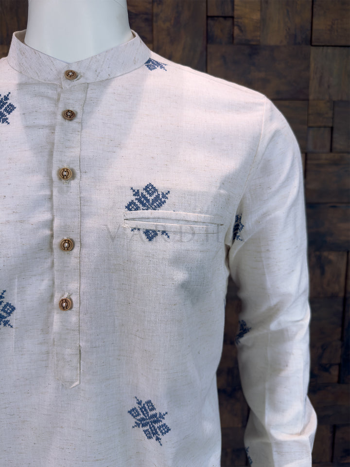 Off-White Cotton Short Kurta with Blue Geometric Embroidery