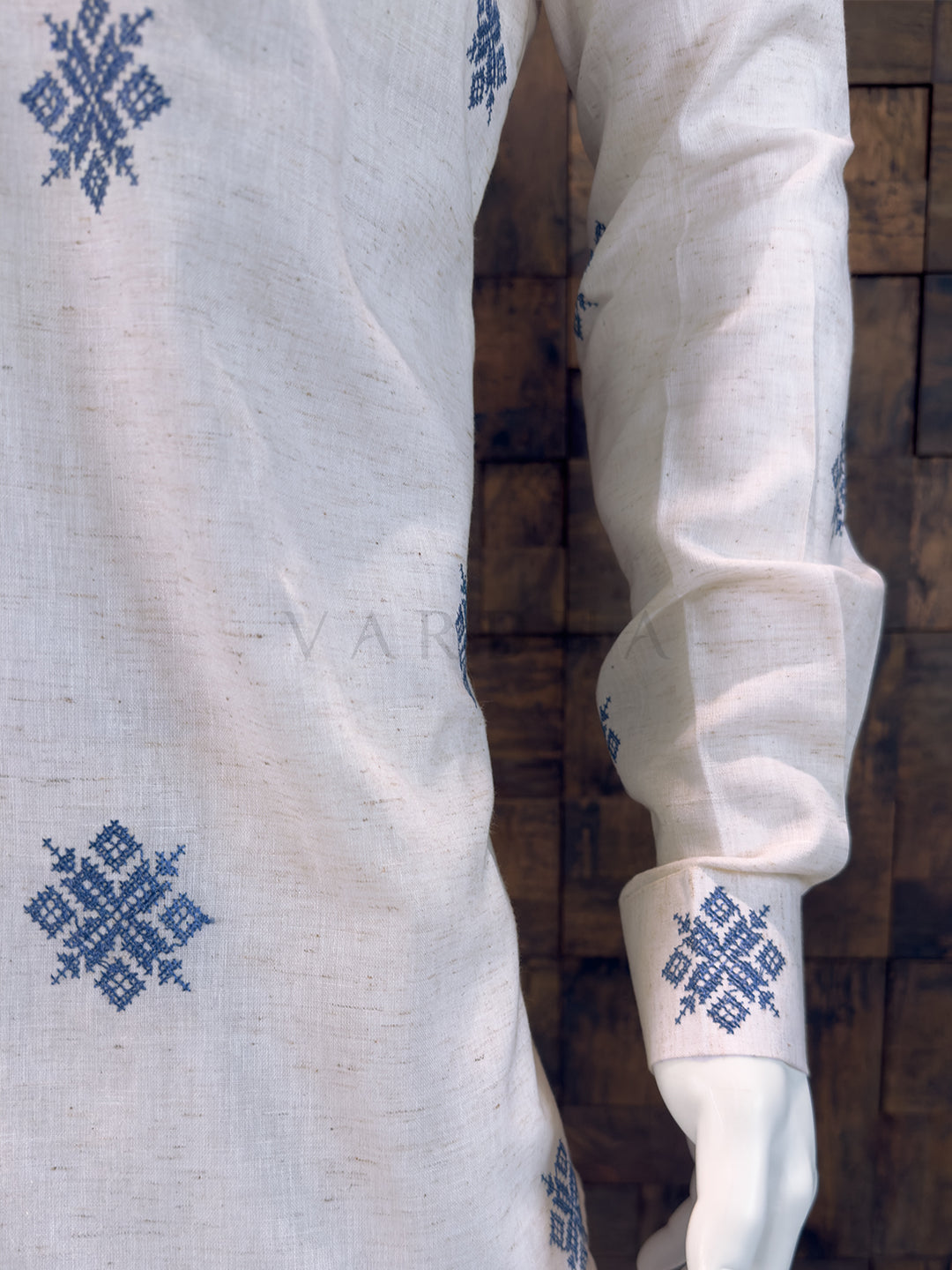 Off-White Cotton Short Kurta with Blue Geometric Embroidery