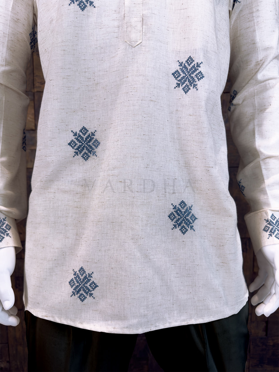 Off-White Cotton Short Kurta with Blue Geometric Embroidery
