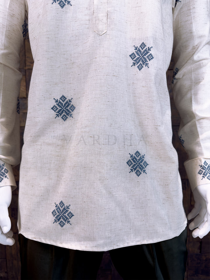 Off-White Cotton Short Kurta with Blue Geometric Embroidery