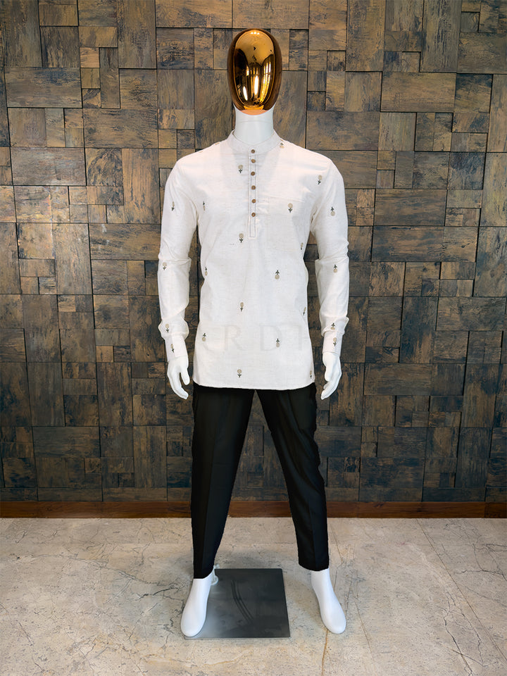 Off-White Cotton Short Kurta with Minimalist Floral Embroidery