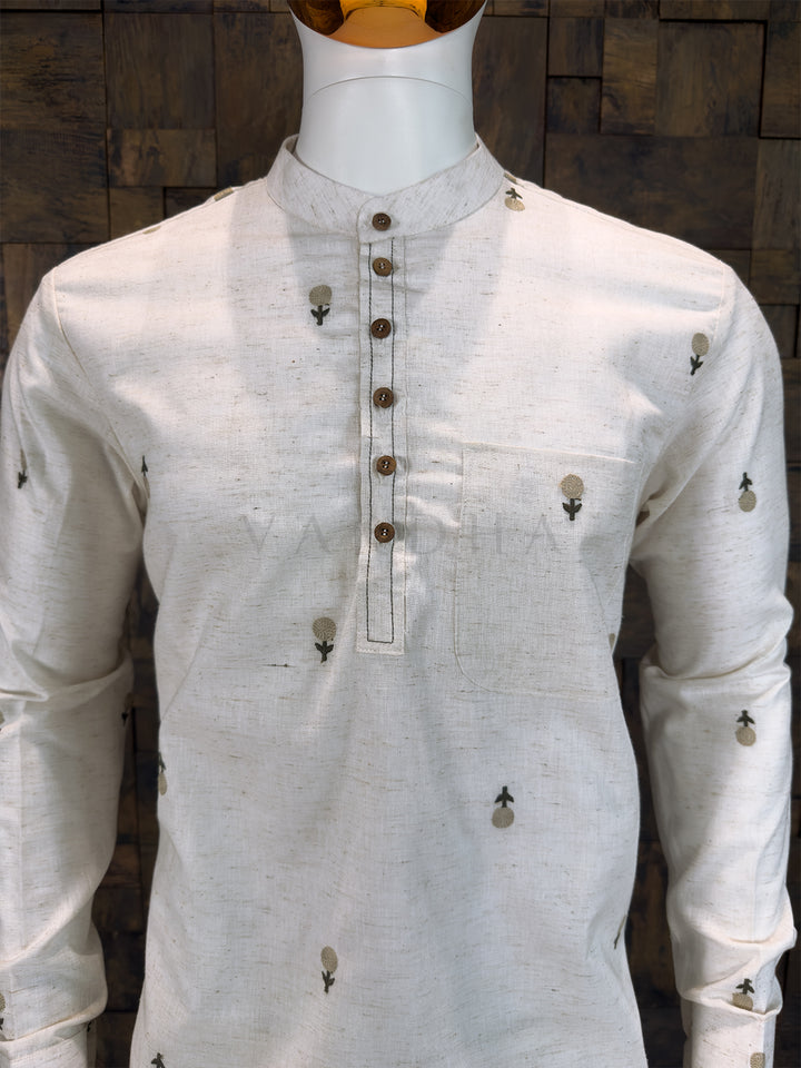 Off-White Cotton Short Kurta with Minimalist Floral Embroidery